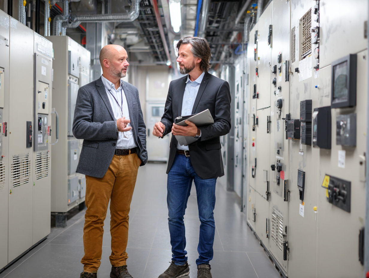 Facility manager and acoustic consultant in an equipment room